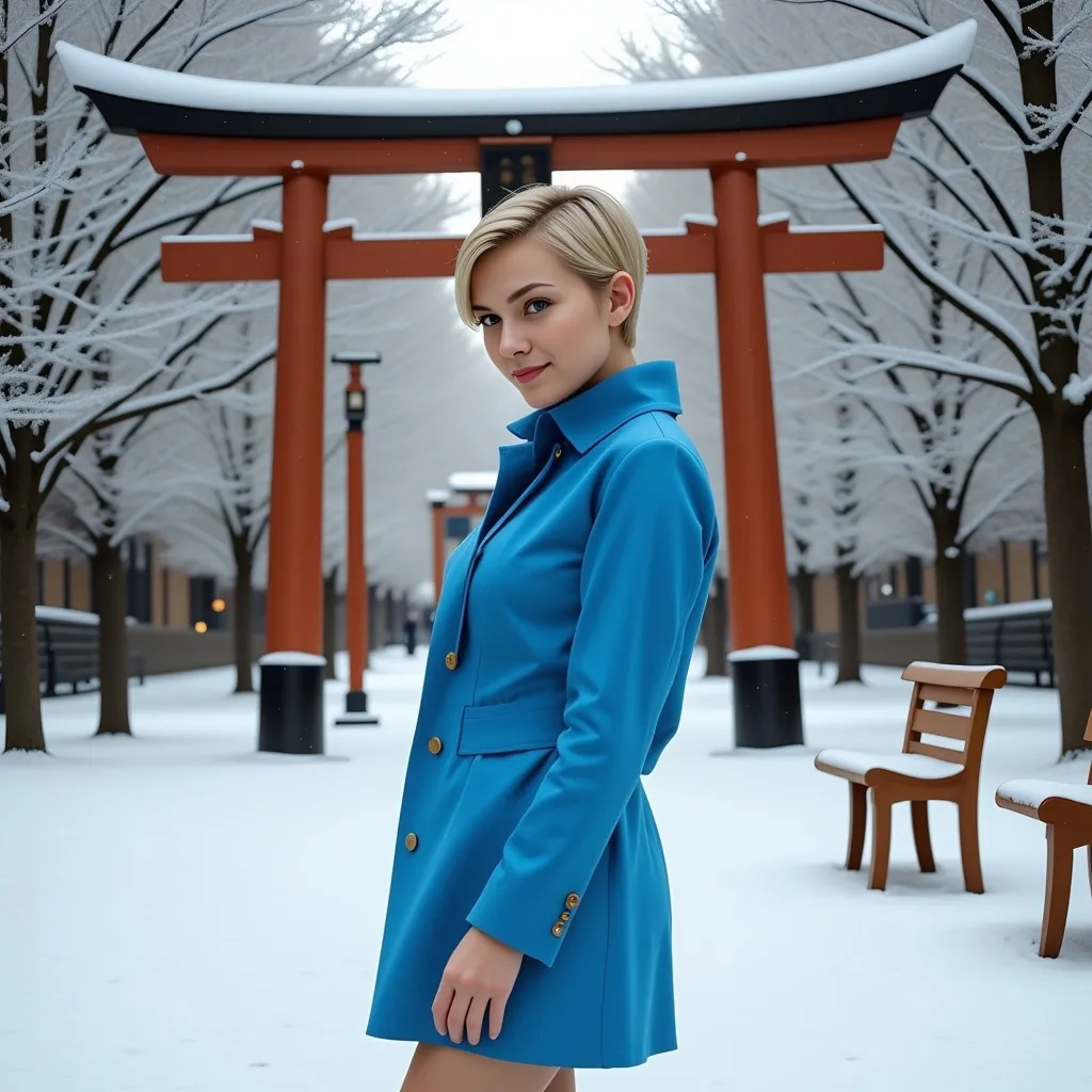 Prompt: (Emphasizing the scene) photorealistic painting, a woman (pixie-cut blonde hair, blue eyes) in a (vivid blue coat, matching blue miniskirt) and (stylish blue boots), standing gracefully in the snow-covered park in front of a traditional Japanese Torii, surrounded by (icy trees) and a (wooden bench), embodying the essence of neo-romanticism, wintery ambience, tranquil atmosphere, soft snowflakes falling, warm light contrast, ultra-detailed, capturing the elegance and serenity of the moment.