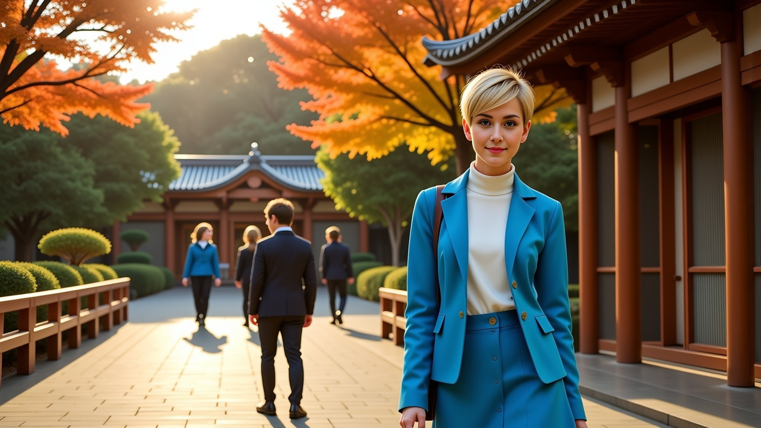 Prompt: (Emphasizing the scene) photorealistic painting, a woman (pixie-cut blonde hair, blue eyes) in a (vivid blue jacket, matching blue miniskirt, white turtleneck pullover shirt) and stylish boots flat-soles, black, lace-up), visiting a traditional Japanese Buddhist temple, embodying the essence of neo-romanticism, early spring ambience, tranquil atmosphere, golden hour, warm light contrast, ultra-detailed, capturing the elegance and serenity of the moment.