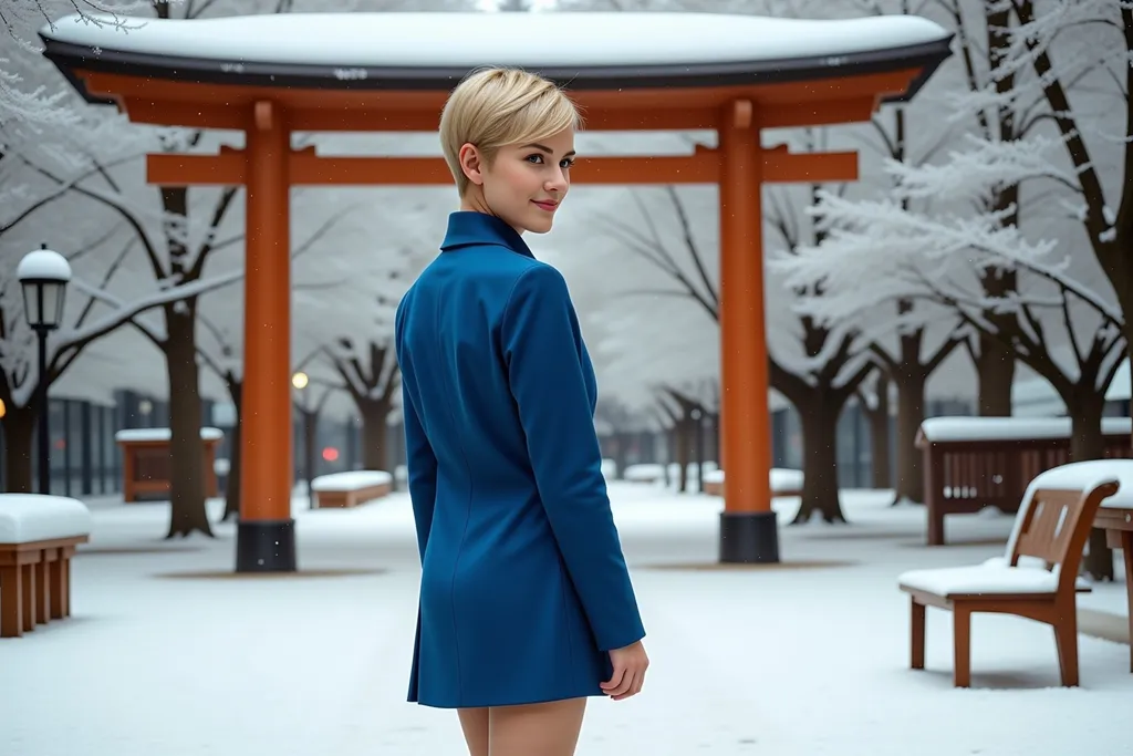 Prompt: (Emphasizing the scene) photorealistic painting, a woman (pixie-cut blonde hair, blue eyes) in a (vivid blue coat, matching blue miniskirt) and (stylish blue boots), standing gracefully in the snow-covered park in front of a traditional Japanese Torii, surrounded by (icy trees) and a (wooden bench), embodying the essence of neo-romanticism, wintery ambience, tranquil atmosphere, soft snowflakes falling, warm light contrast, ultra-detailed, capturing the elegance and serenity of the moment.