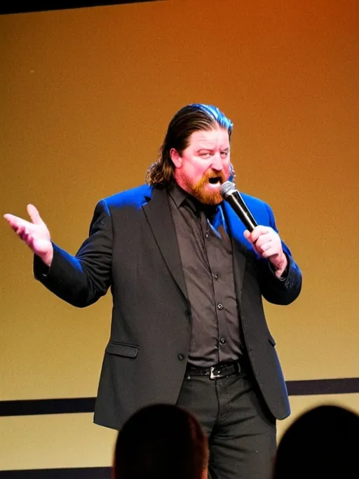 Prompt: (accurately spelled text "JWL"), comedian performing onstage, hyper-realistic, colorful lighting, cheering audience, joyful atmosphere, comedic expressions, exaggerated gestures, detailed background, vibrant colors, illuminated marquee lights overhead, dynamic stage setup, atmosphere filled with laughter, high energy and excitement, 4K ultra-detailed quality.