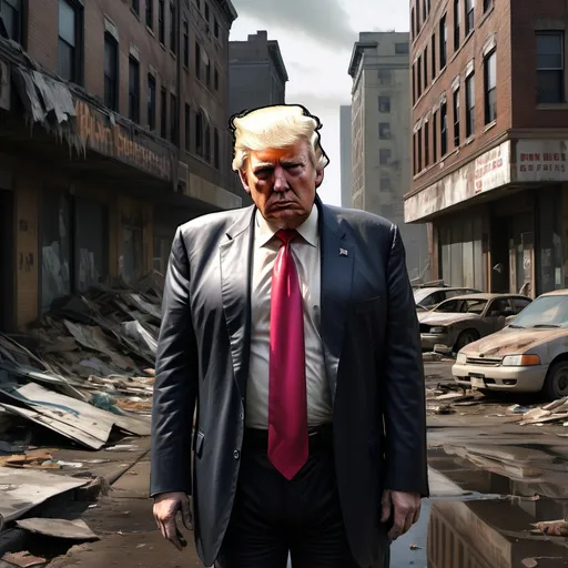 Prompt: Hyper-realistic version of Donald Trump, disheveled appearance with tattered clothing, hollow eyes reflecting despair, bleak urban environment showing decay, dark shadows casting over crumbling buildings, litter scattered on the ground, an atmosphere of neglect and loneliness, muted colors, ultra-detailed realism, capturing the essence of hardship and struggle, dramatic lighting emphasizing the somber mood.