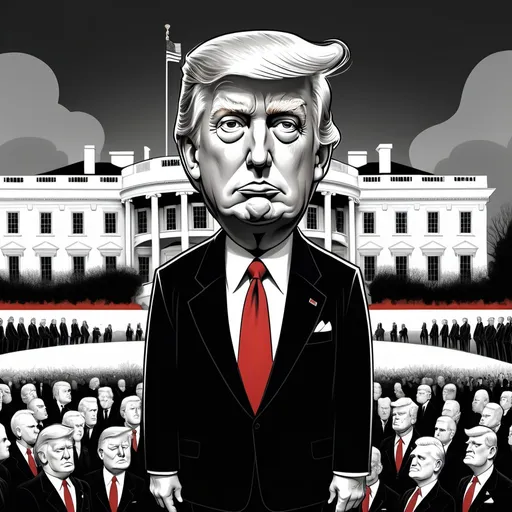 Prompt: Donald Trump inauguration, stately figure in an Al Hirshfeld style cartoon, black and white except for a striking red tie and blonde hair, somber yet peaceful atmosphere, grand US White House in the background, detailed caricature features, crisp lines, vintage elegance, high contrast, ultra-detailed.