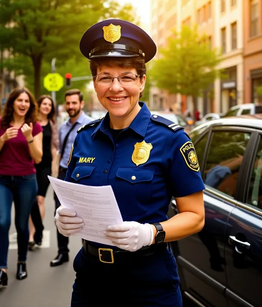 Prompt: In a bustling urban setting under the warm glow of golden afternoon sunlight, a police officer in uniform named MARY stands confidently by a parked car, her vibrant uniform contrasting sharply against the colorful cityscape. Her exaggerated facial expression, festooned with an over-the-top smirk, showcases a playful mix of authority and cheekiness as she hands out a citation with flair. The scene buzzes with life; pedestrians pause mid-step, their faces displaying varying degrees of shock and amusement, some chuckling at the absurdity of the moment. The background is filled with leafy trees swaying gently in a light breeze, adding a touch of warmth to the comedic chaos. 
Herbert Block inspired drawing. This hyper-realistic portrayal captures the exaggerated drama perfectly, so the viewer can’t help but crack a smile.