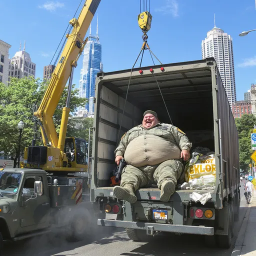 Prompt: Imagine a vibrant street scene set against the iconic Chicago skyline, where a bright blue sky contrasts with the stark, utilitarian colors of an army truck. The truck, parked at an angle on a sunny day, is in the process of unloading a jovial, severely obese man clad in US Army fatigues, his comical expression bursting with laughter. A towering crane hovers above, its bright yellow beams gently lowering the soldier to the pavement with exaggerated finesse. The soldier clutches an M16 rifle, but instead of a sense of militaristic sternness, He demonstrates animated playfulness, his cheeks flushed and grin wide. The scene is filled with vibrant colors, capturing the cheerful, comedic atmosphere, all rendered in hyper-realistic detail, transforming a whimsical concept into a lively tableau.