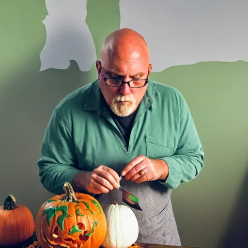 Prompt: (photorealistic) man carving a pumpkin, his head shaped and painted to resemble a decorated carved pumpkin, vibrant orange and green tones, high contrast details, expressive facial features, showcasing precision with a carving knife, rich autumn background with leaves, warm ambient lighting, (ultra-detailed) capturing the essence of Halloween creativity, visually striking and engaging composition.