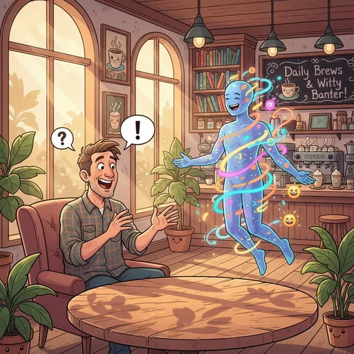 Prompt: A cozy coffee shop scene unfolds, with warm, ambient lighting filtering through large windows, casting playful shadows on the rustic wooden table. A middle-aged man sits comfortably, animatedly gesturing as he engages in lively conversation with a futuristic, holographic representation of ChatGPT. The AI takes on an ethereal, shimmering form, with colorful data streams and patterns swirling around it, reflecting its witty retorts. The man's face lights up with a mix of surprise and amusement, his eyebrows raised and a playful smile revealing his delight. Around them, vibrant coffee art and quirky decor add to the lighthearted atmosphere, inviting viewers into this whimsical interaction. This scene is envisioned in a colorful, cartoonish illustration style, brimming with humor and warmth.