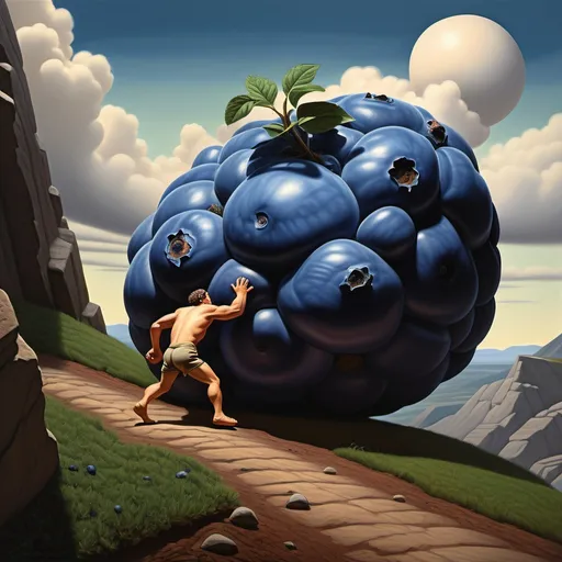 Prompt: (Sisyphus pushing a giant blueberry) up a large hill, hyper-realistic detail, vibrant colors, (somber atmosphere), dramatic lighting, reminiscent of Herbert Block's cartoon style, intricate textures, emotionally charged expression, surreal landscape in the background, high-quality representation, masterful artistry combining realism with cartoon elements.