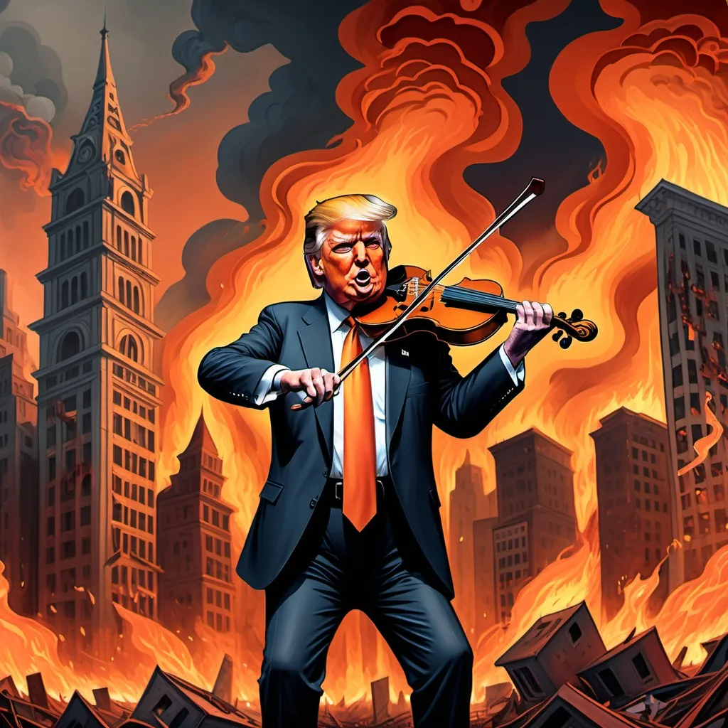 Prompt: Donald Trump playing a fiddle, vividly illustrated in Herbert Block style, burning cityscape in the background, chaotic disaster vibes, catastrophic tone, flames roaring with a reddish orange hue, reflections of despair and chaos, exaggerated expressions, intricate detailing, high-quality cartoon, evoking a dystopian nightmare scene, capturing the surreal essence of a crumbling world.