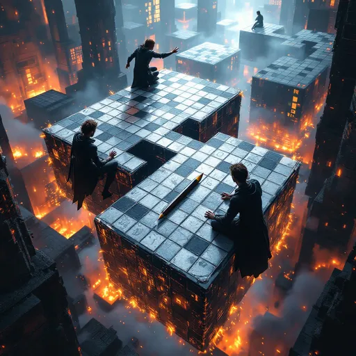 Prompt: Fantasy game scene, 3D crossword puzzle suspended in chaos, players on giant crossword squares, hyper-realistic, action-packed atmosphere, threatening ink pens and pencils poised above, intricate details of the puzzle leading to danger, dynamic composition, tension-filled light and shadow contrasts, vibrant color palette, dramatic perspective, ultra-detailed, immersive experience.