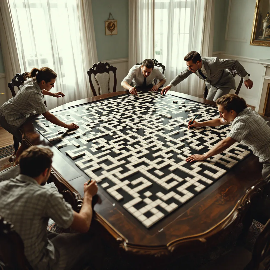 Prompt: Giant 3D crossword puzzle on 1950s dinner table, hyper-realistic, players running on giant puzzle squares, action-packed atmosphere, threatening ink pens and pencils poised above, intricate details of the puzzle leading to danger, dynamic composition, tension-filled light and shadow contrasts, black and white,  dramatic perspective, ultra-detailed, immersive experience. Letters "NY Times"