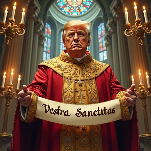 Prompt: Imagine a grand, ornate cathedral bathed in warm candlelight, with intricate stained glass windows casting vibrant hues across the scene. In the center stands Donald Trump, adorned in an elaborately embroidered papal robe of rich gold and crimson, exuding an air of ceremonial pomp. His expression blends solemnity and charisma, eyes twinkling with an unusual mix of authority and whimsy. Above him, ornate candelabras flicker, their flames dancing in rhythm with a gentle breeze that swirls in the space. Beneath him unfurls a luxurious scroll, intricately designed with twisting vines and delicate flourishes, the lettering "Vestra Sanctitas Non Compos Mentis" elegantly showcased in a bold, flowing script. The entire scene is illuminated with a soft, ethereal glow, evoking a sense of reverence and surreal wonder, all rendered in a vibrant, expressive art style reminiscent of classical oil paintings.