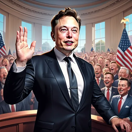 Prompt: Elon Musk being sworn in as president of the United States of America, colorful, comedic, hyper-realistic, Herbert Block style cartoon, detailed expressions, vibrant atmosphere, bold colors, dynamic poses, intricate background elements reflecting a presidential setting, lively crowd, official ceremony vibe, humor infused into the scene, creative representation, high-quality 4K rendering.