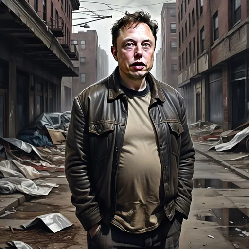 Prompt: Hyper-realistic version of Elon Musk, disheveled appearance with tattered clothing, hollow eyes reflecting despair, bleak urban environment showing decay, dark shadows casting over crumbling buildings, litter scattered on the ground, an atmosphere of neglect and loneliness, muted colors, ultra-detailed realism, capturing the essence of hardship and struggle, dramatic lighting emphasizing the somber mood.