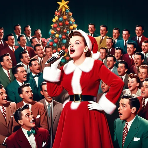 Prompt: Judy Garland in a (vibrant red Santa Claus costume), singing on stage with an (old-style microphone), adorned with a (colorful Christmas tree) in the background, surrounded by a (large audience of classy 1950s dressed men and women) in a dark auditorium, expressing a (cheerful atmosphere), showcasing (detailed expressions), captured in a (hyper-realistic style), inspired by (Herbert Block's cartoon artistry), conveying a delightful and festive vibe.