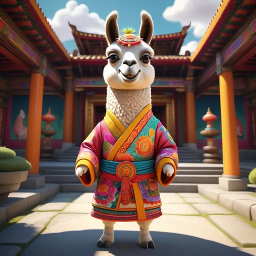 Prompt: (cartoon llama in Buddhist clothing), (Buddhist temple background), hyper-realistic rendering, vibrant and colorful style, comedic expression, playful atmosphere, whimsical details, intricate patterns on clothing, glowing elements around the temple, friendly llama pose, high quality (4K), ultra-detailed depiction, immersive and joyful ambiance.