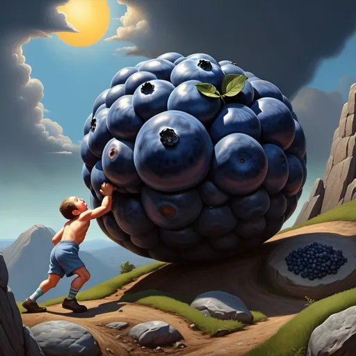 Prompt: (Sisyphus pushing a giant blueberry) up a large hill, hyper-realistic detail, vibrant colors, (somber atmosphere), dramatic lighting, reminiscent of Herbert Block's cartoon style, intricate textures, emotionally charged expression, surreal landscape in the background, high-quality representation, masterful artistry combining realism with cartoon elements.