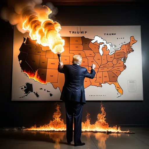 Prompt: Donald Trump setting a large wall map of the United States on fire with a torch, hyper-realistic detail, somber atmosphere, action-packed moment captured, reminiscent of Herbert Block style cartoon, dramatic lighting, emotional narrative, intense scene, high-quality imagery, dynamic composition, Ultra-Detailed.