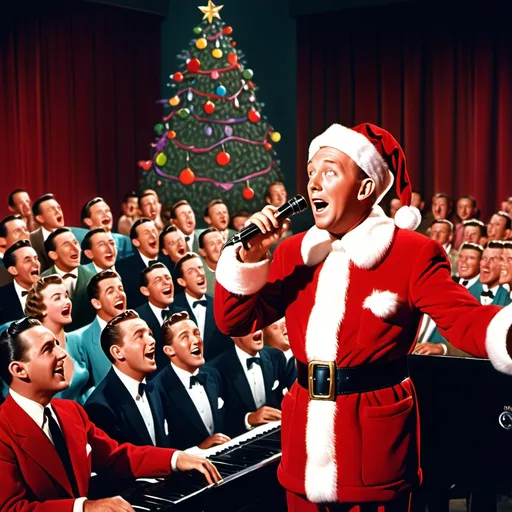 Prompt: Bing Crosby in a (vibrant red Santa Claus costume), singing on stage with an (old-style microphone), adorned with a (colorful Christmas tree) in the background, surrounded by a (large audience of classy 1950s dressed men and women) in a dark auditorium, expressing a (cheerful atmosphere), showcasing (detailed expressions), captured in a (hyper-realistic style), inspired by (Herbert Block's cartoon artistry), conveying a delightful and festive vibe.