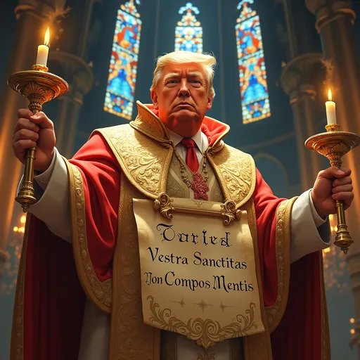 Prompt: Imagine a grand, ornate cathedral bathed in warm candlelight, with intricate stained glass windows casting vibrant hues across the scene. In the center stands Donald Trump, adorned in an elaborately embroidered papal robe of rich gold and crimson, exuding an air of ceremonial pomp. His expression blends solemnity and charisma, eyes twinkling with an unusual mix of authority and whimsy. Above him, ornate candelabras flicker, their flames dancing in rhythm with a gentle breeze that swirls in the space. Beneath him unfurls a luxurious scroll, intricately designed with twisting vines and delicate flourishes, the lettering "Vestra Sanctitas Non Compos Mentis" elegantly showcased in a bold, flowing script. The entire scene is illuminated with a soft, ethereal glow, evoking a sense of reverence and surreal wonder, all rendered in a vibrant, expressive art style reminiscent of classical oil paintings.