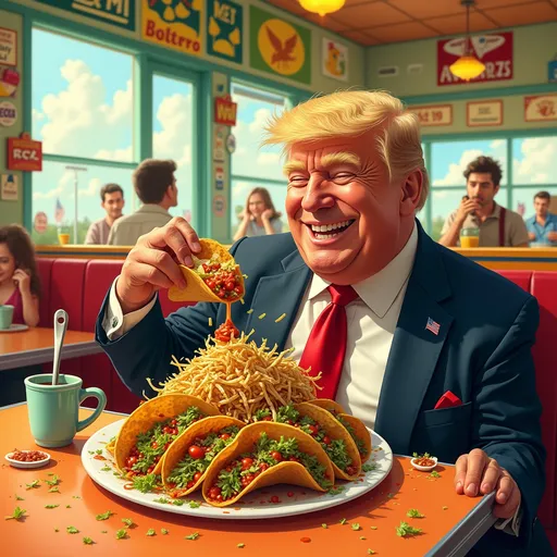 Prompt: Imagine a hyper-realistic scene in a vibrant, bustling diner, with President Trump at the center, his extra long red tie cascading humorously over a large plate stacked with delicious, overflowing tacos. He is depicted with an exaggerated, jovial expression, cheeks stuffed, laughter evident amidst a playful mess of salsa and shredded lettuce. Colorful, whimsical details surround him: the diner walls adorned with bright retro signs, quirky patrons looking on in bemusement, and cheerful shades of yellow and red dominating the decor. Sunlight streams through large windows, casting lively reflections, enhancing the comedic atmosphere reminiscent of a Herbert Block cartoon, where every visual element pops with exaggerated color and charm.