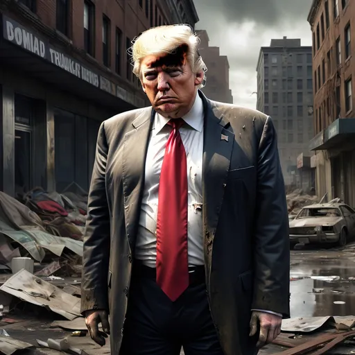 Prompt: Hyper-realistic version of Donald Trump, disheveled appearance with tattered clothing, hollow eyes reflecting despair, bleak urban environment showing decay, dark shadows casting over crumbling buildings, litter scattered on the ground, an atmosphere of neglect and loneliness, muted colors, ultra-detailed realism, capturing the essence of hardship and struggle, dramatic lighting emphasizing the somber mood.