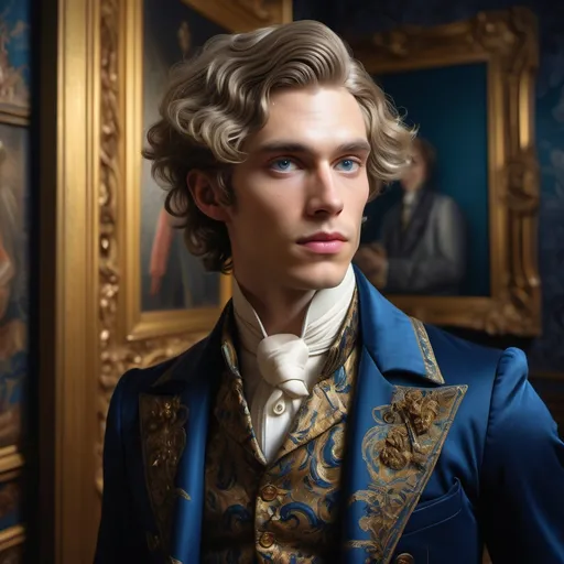 Prompt: (Detailed portrayal of Hallward's portrait of Dorian Gray), (vibrant colors), (hyper-realistic), (intricate details), a beautifully composed background showcasing a lavish, decadently ornate room, an expression of youthfulness and charm on the subject's face, rich textures and patterns in the clothing, golden curly hair, deep blue eyes, (4K), (cinematic lighting), evoking a sense of mystery and allure.