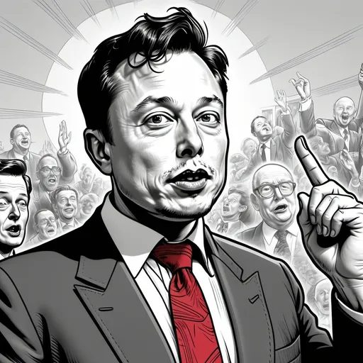 Prompt: (black and white), Elon Musk swearing oath on Bible, (exaggerated expressions), humorous and comedic tone, (Robert Crumb style cartoon), sharp outlines, dynamic playfulness, whimsical details, limited color palette with a bold red necktie, quirky atmosphere, tactical use of light and shadow, 4K ultra-detailed illustration.