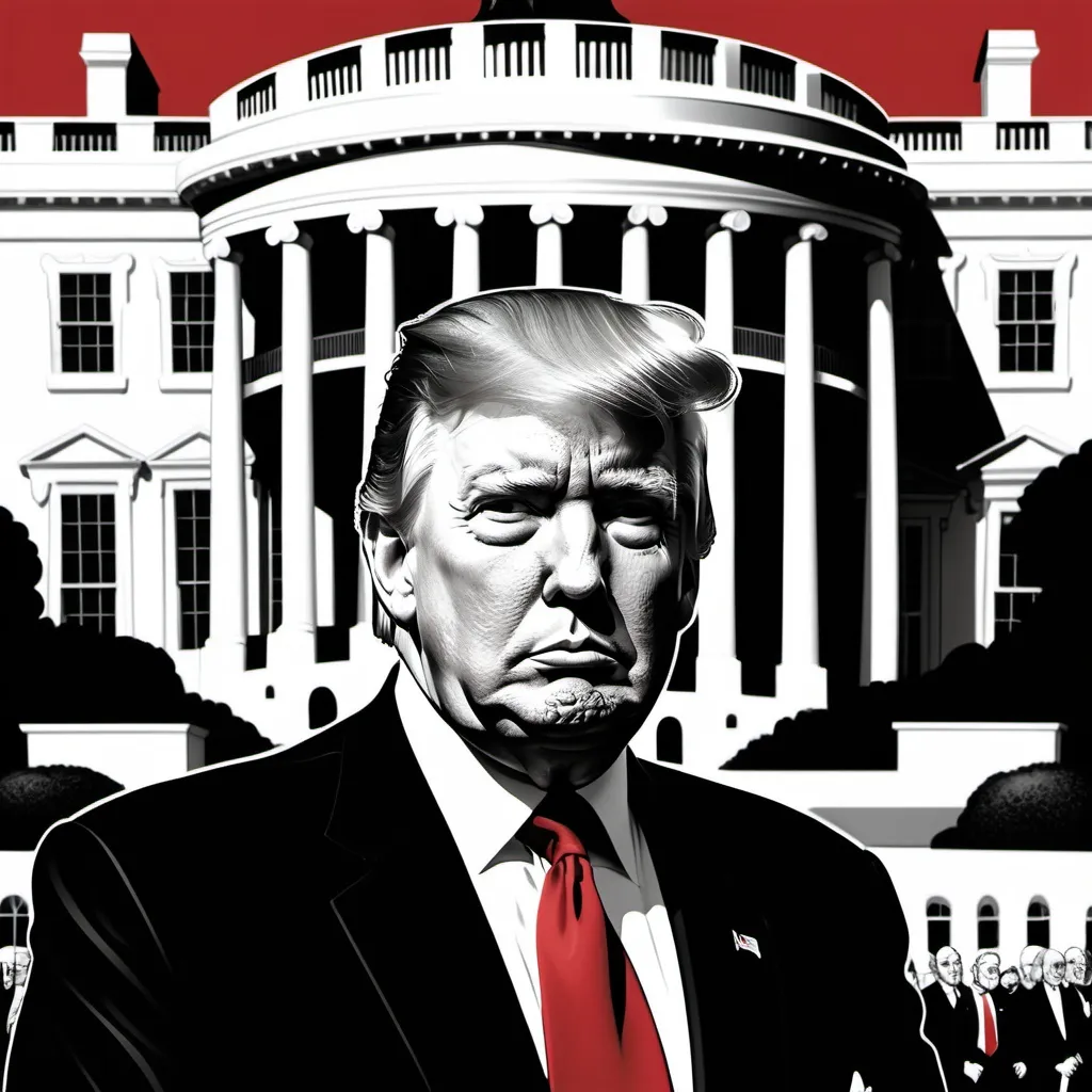 Prompt: Donald Trump inauguration, stately figure in an Al Hirshfeld style cartoon, black and white except for a striking red tie, somber yet peaceful atmosphere, grand US White House in the background, detailed caricature features, crisp lines, vintage elegance, high contrast, ultra-detailed.
