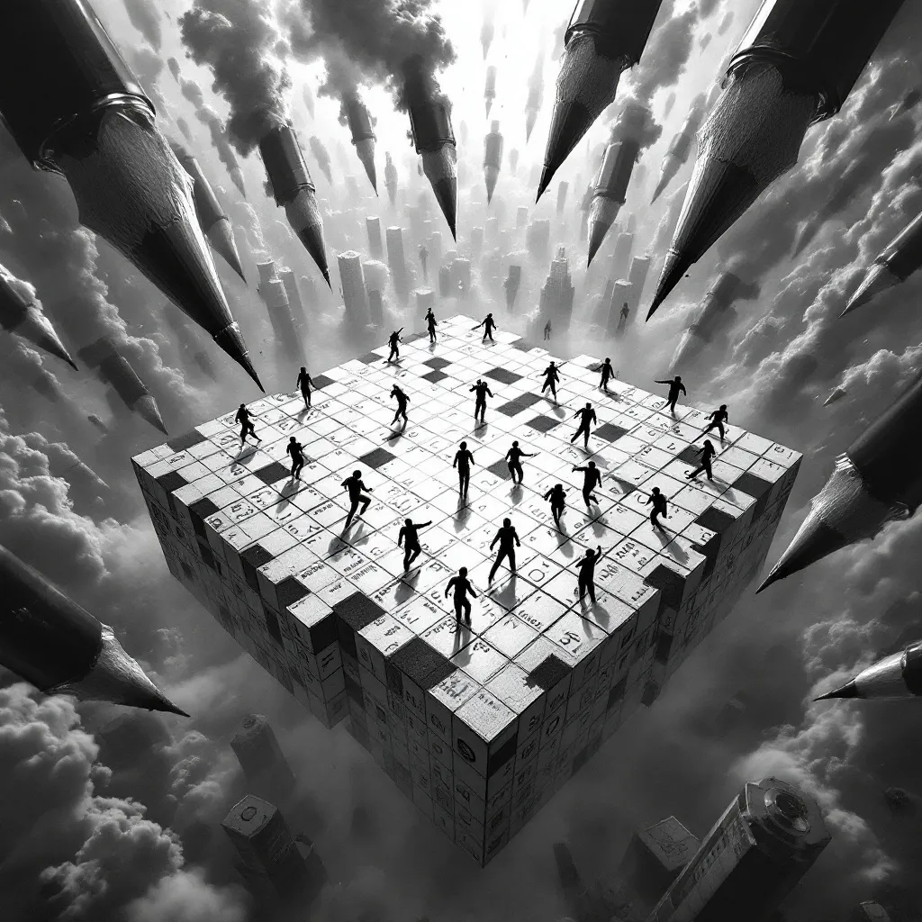 Prompt: 3D crossword puzzle suspended in chaos, hyper-realistic, players running on giant puzzle squares, action-packed atmosphere, threatening ink pens and pencils poised above, intricate details of the puzzle leading to danger, dynamic composition, tension-filled light and shadow contrasts, black and white,  dramatic perspective, ultra-detailed, immersive experience.