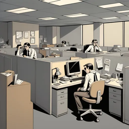 Prompt: Depressing office cubicle setting, cartoon style inspired by Herbert Block, dull and dreary atmosphere, grey and beige color scheme, 1970s decor, office workers exhibiting bored and exhausted postures, lifeless facial expressions, mood of monotony and fatigue, cramped spaces with outdated furniture, heavy shadows, minimal details, ultra-detailed, vibrant, expressive, and engaging representation of office life.