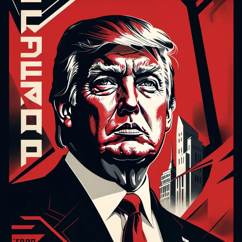 Prompt: Imposing figure of Donald Trump, 1930s Soviet Union political poster, brutalism art form, red and black color tones, somber atmosphere, powerful gaze, sharp angles, dramatic contrast, TBrettionista lettering style, propaganda aesthetic, highly detailed.