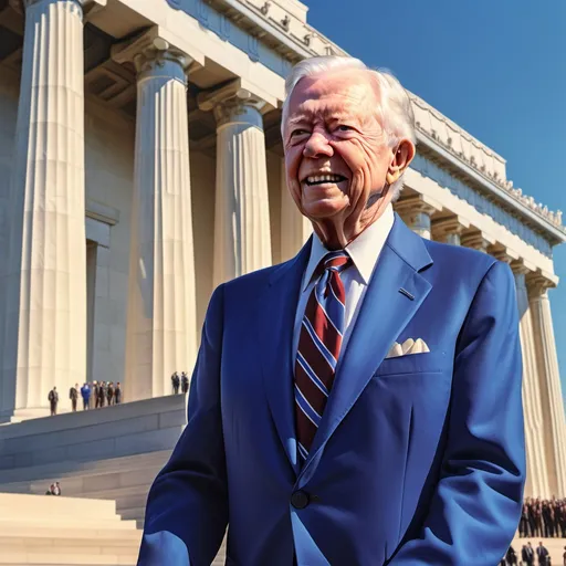 Prompt: President Jimmy Carter (proud posture), blue suit with white shirt and blue tie, Lincoln Memorial in the background, vibrant blue sky, US Flag billowing on pole, (colorful), (hyper-realistic), detailed expressions, warm sunlight illuminating the scene, affirming a patriotic atmosphere, (4K), cinematic composition capturing historical significance, grandeur, and enduring pride.