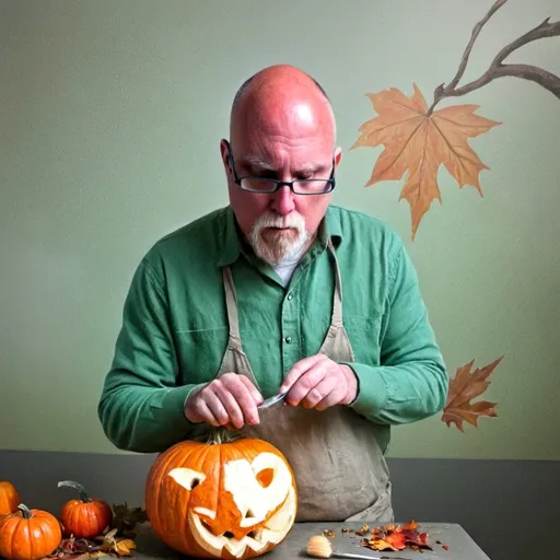 Prompt: (photorealistic) man carving a pumpkin, his head shaped and painted to resemble a decorated carved pumpkin, vibrant orange and green tones, high contrast details, expressive facial features, showcasing precision with a carving knife, rich autumn background with leaves, warm ambient lighting, (ultra-detailed) capturing the essence of Halloween creativity, visually striking and engaging composition.