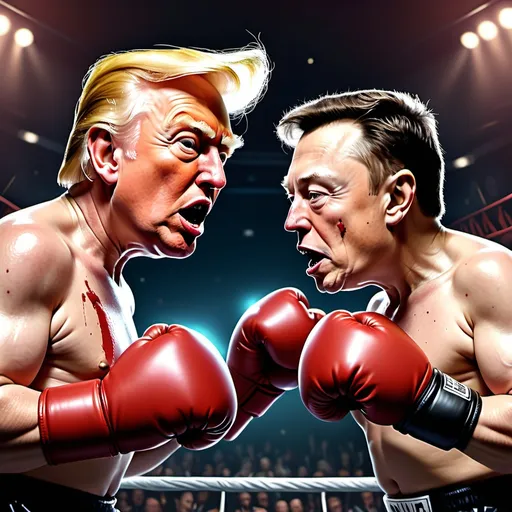 Prompt: (comedic illustration) Donald Trump and Elon Musk in an intense boxing ring, wearing vibrant boxing attire and gloves, showcasing detailed facial features with exaggerated black eyes and bloody noses, dynamic and humorous expressions, action-packed atmosphere, colorful and lively background, influenced by Herbert Block's cartoon style, engaging and playful vibe, high detail, 4K quality.