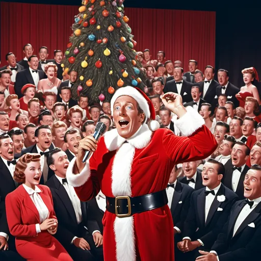 Prompt: Andy Williams in a (vibrant red Santa Claus costume), singing on stage with an (old-style microphone), adorned with a (colorful Christmas tree) in the background, surrounded by a (large audience of classy 1950s dressed men and women) in a dark auditorium, expressing a (cheerful atmosphere), showcasing (detailed expressions), captured in a (hyper-realistic style), inspired by (Herbert Block's cartoon artistry), conveying a delightful and festive vibe.