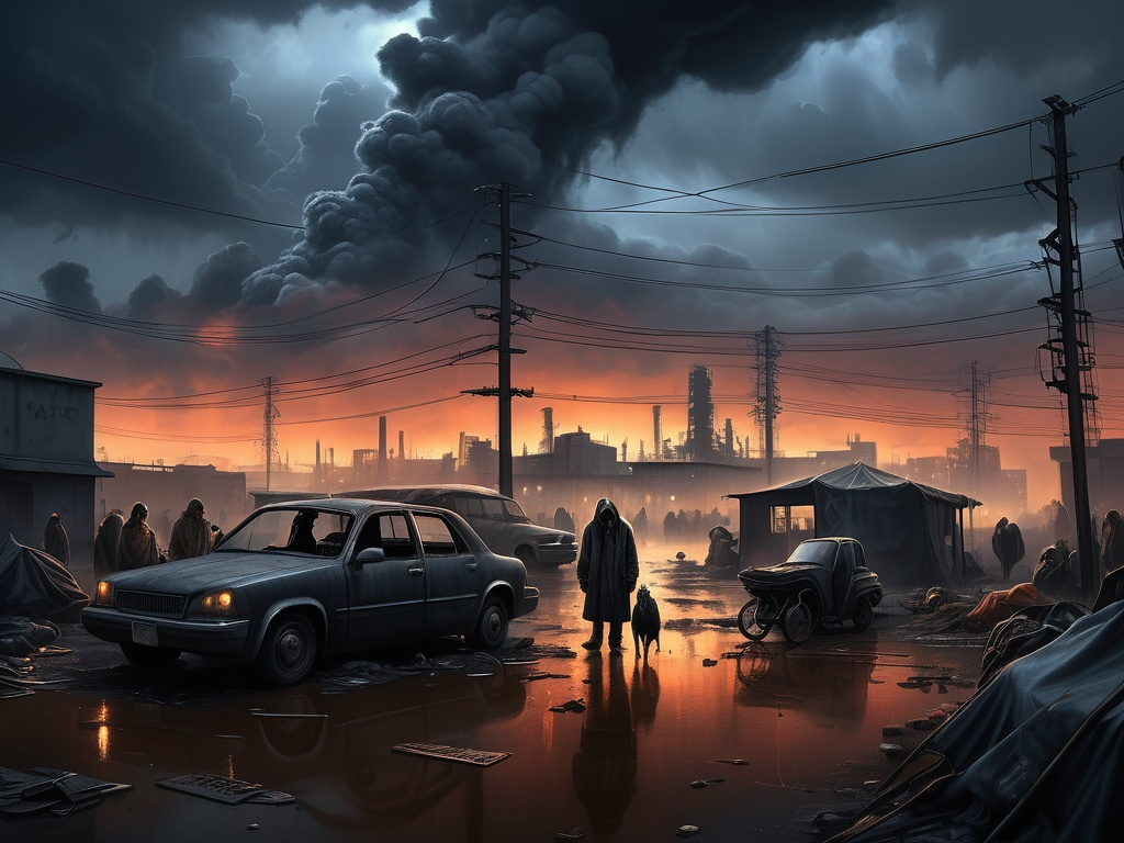 Prompt: Dystopian nightmare scene, ultra urban setting, depiction of blight and decay, overwhelming pollution and pervasive litter, homeless individuals pan-handling, grim atmosphere, stark contrast between dark shadows and neon lights, heavy gray clouds above, harsh industrial structures looming in the background, intense emotional weight, high detail, photorealistic quality, atmospheric storytelling.