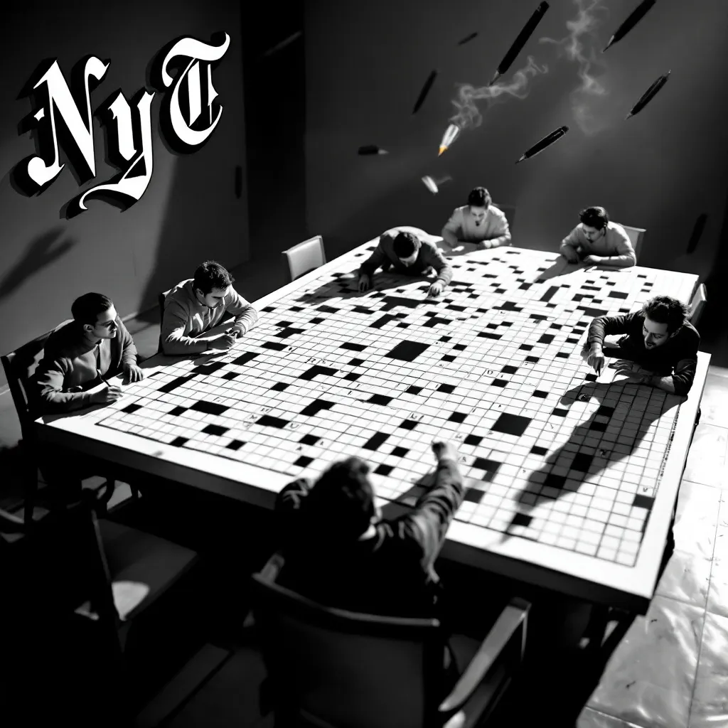 Prompt: Giant 3D crossword puzzle on 1950s dinner table, hyper-realistic, players running on giant puzzle squares, action-packed atmosphere, threatening ink pens and pencils poised above, intricate details of the puzzle leading to danger, dynamic composition, tension-filled light and shadow contrasts, black and white,  dramatic perspective, ultra-detailed, immersive experience. Letters "NYT"