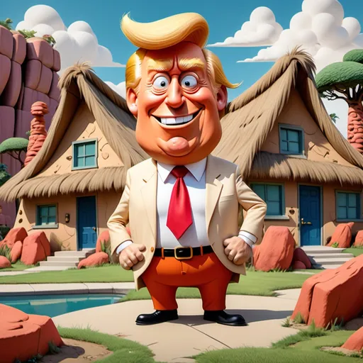 Prompt: (cartoon style depiction of President Donald Trump), vibrant colors, (caveman suit with a long red tie), US White House resembling rock houses from the Flintstones, (Hanna-Barbera style), comedic atmosphere, richly detailed illustration, whimsical characters, playful expressions, cheerful and lively ambiance, designed for humor and entertainment, ultra-detailed, 4K quality.