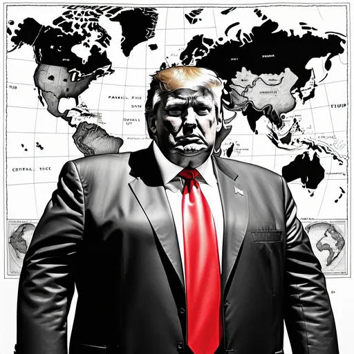 Prompt: (black and white) ballpoint pen drawing of (very obese Donald Trump), standing menacingly on a large map of Central America, (serious expression), wearing a (black suit with red tie), set near Panama, detailed cartography, dramatic shading, evocative linework, high contrast, (artistic masterpiece), conveying a strong sense of power and dominance in the image.