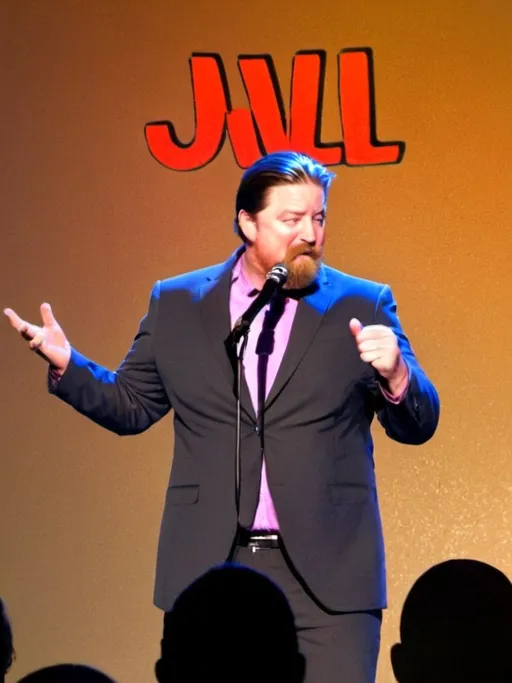 Prompt: (accurately spelled text "JWL"), comedian performing onstage, hyper-realistic, colorful lighting, cheering audience, joyful atmosphere, comedic expressions, exaggerated gestures, detailed background, vibrant colors, illuminated marquee lights overhead, dynamic stage setup, atmosphere filled with laughter, high energy and excitement, 4K ultra-detailed quality.