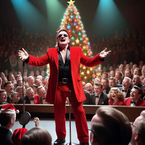 Prompt: Singer Bono in a (vibrant red Santa Claus costume), singing on stage with an (old-style microphone), adorned with a (colorful Christmas tree) in the background, surrounded by a (large audience of classy 1950s dressed men and women) in a dark auditorium, expressing a (cheerful atmosphere), showcasing (detailed expressions), captured in a (hyper-realistic style), inspired by (Herbert Block's cartoon artistry), conveying a delightful and festive vibe.