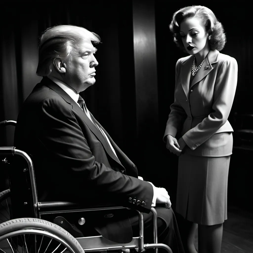 Prompt: (Donald Trump in a wheelchair), (Betty Davis leaning over), film noir style, black and white, somber ambiance, hyper-realistic, ultra-detailed, dramatic shadows, emotional expressions, intricate textures, contrasting light and darkness, intense atmosphere, high quality, visually striking, capturing 1940s style, elegant attire, contemplative mood.