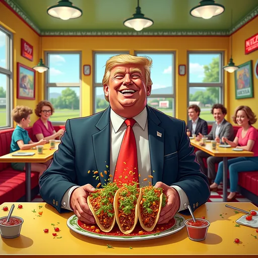 Prompt: Imagine a hyper-realistic scene in a vibrant, bustling diner, with President Trump at the center, his extra long red tie cascading humorously over a large plate stacked with delicious, overflowing tacos. He is depicted with an exaggerated, jovial expression, cheeks stuffed, laughter evident amidst a playful mess of salsa and shredded lettuce. Colorful, whimsical details surround him: the diner walls adorned with bright retro signs, quirky patrons looking on in bemusement, and cheerful shades of yellow and red dominating the decor. Sunlight streams through large windows, casting lively reflections, enhancing the comedic atmosphere reminiscent of a Herbert Block cartoon, where every visual element pops with exaggerated color and charm.