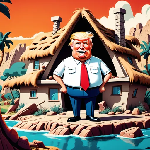 Prompt: (cartoon style depiction of President Donald Trump), vibrant colors, (caveman suit with a long red tie), US White House resembling rock houses from the Flintstones, (Hanna-Barbera style), comedic atmosphere, richly detailed illustration, whimsical characters, playful expressions, cheerful and lively ambiance, designed for humor and entertainment, ultra-detailed, 4K quality.