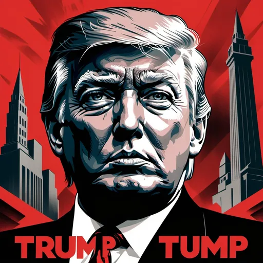 Prompt: Imposing figure of Donald Trump, 1930s Soviet Union political poster, brutalism art form, red and black color tones, somber atmosphere, powerful gaze, sharp angles, dramatic contrast, TBrettionista lettering style, propaganda aesthetic, highly detailed.