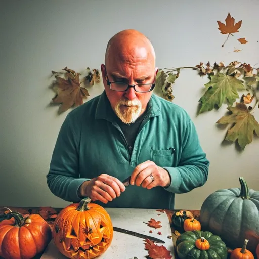 Prompt: (photorealistic) man carving a pumpkin, his head shaped and painted to resemble a decorated carved pumpkin, vibrant orange and green tones, high contrast details, expressive facial features, showcasing precision with a carving knife, rich autumn background with leaves, warm ambient lighting, (ultra-detailed) capturing the essence of Halloween creativity, visually striking and engaging composition.