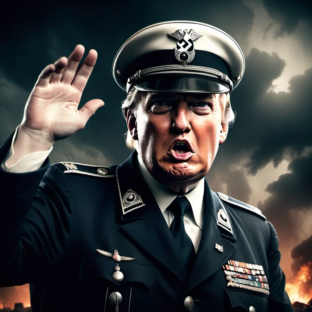 Prompt: Donald Trump in Nazi officer uniform, SS armband, doing sieg heil salute, angry facial expression, 1930s style Nazi propaganda poster, hyper-realistic, ominous presence, dark and brooding atmosphere, intense shadows, sharp contrasts, vintage muted colors, unsettling mood, threatening vibe, heavily detailed textures, unsettling background, cinematic quality.