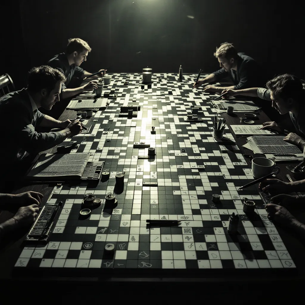 Prompt: Giant 3D crossword puzzle on 1950s dinner table, hyper-realistic, players running on giant puzzle squares, action-packed atmosphere, threatening ink pens and pencils poised above, intricate details of the puzzle leading to danger, dynamic composition, tension-filled light and shadow contrasts, black and white,  dramatic perspective, ultra-detailed, immersive experience. Letters "NY Times"