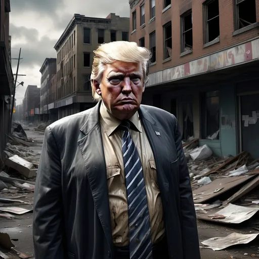 Prompt: Hyper-realistic version of Donald Trump, disheveled appearance with tattered clothing, hollow eyes reflecting despair, bleak urban environment showing decay, dark shadows casting over crumbling buildings, litter scattered on the ground, an atmosphere of neglect and loneliness, muted colors, ultra-detailed realism, capturing the essence of hardship and struggle, dramatic lighting emphasizing the somber mood.