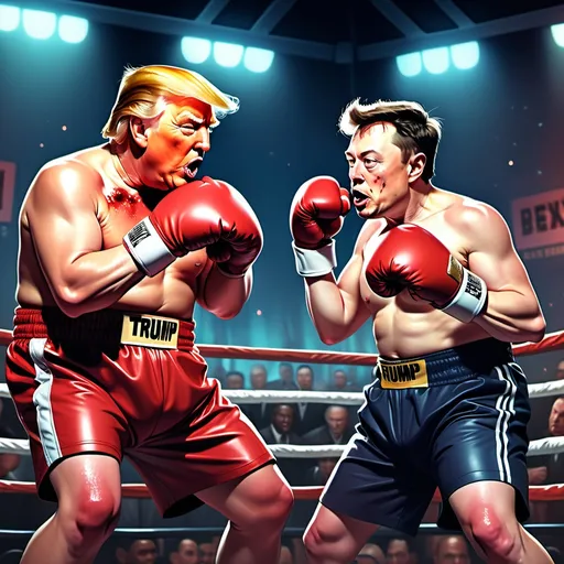 Prompt: (comedic illustration) Donald Trump and Elon Musk in an intense boxing ring, wearing vibrant boxing attire and gloves, showcasing detailed facial features with exaggerated black eyes and bloody noses, dynamic and humorous expressions, action-packed atmosphere, colorful and lively background, influenced by Herbert Block's cartoon style, engaging and playful vibe, high detail, 4K quality.